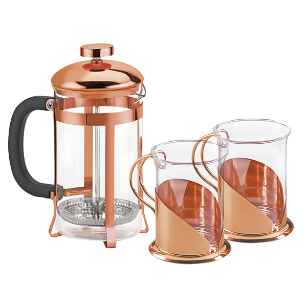 Set De Cafetera Francesa Y Tazas Encobrizado M82 | Tara Publicidad