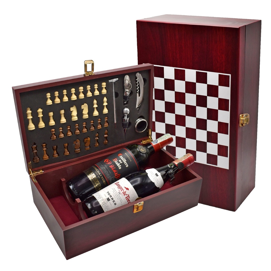 Set de Vino con Ajedrez Caoba Deluxe -[JC03]b